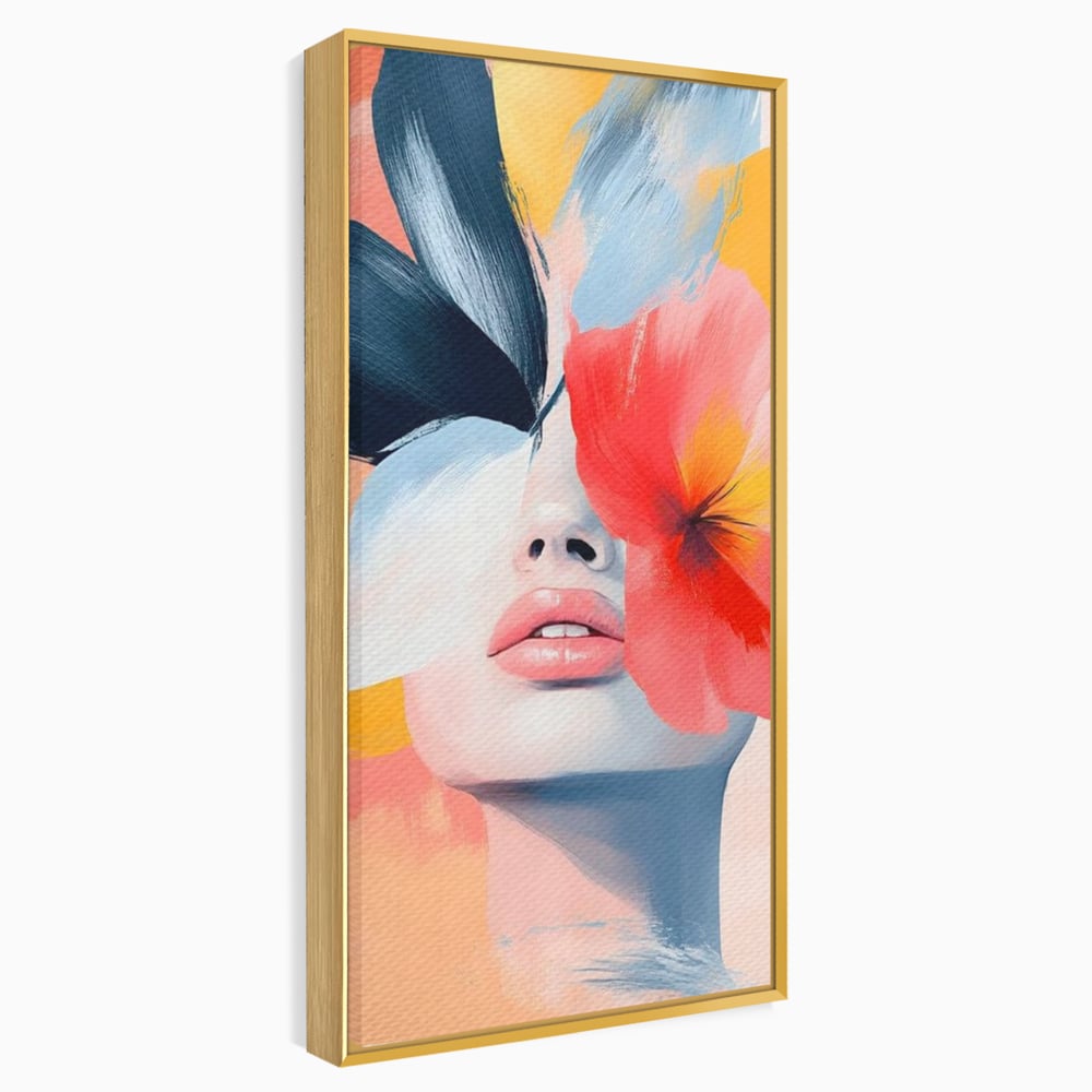 Tablou canvas cu tablou canvas cu fata de femeie si flori pictate, in rama de aluminiu auriu